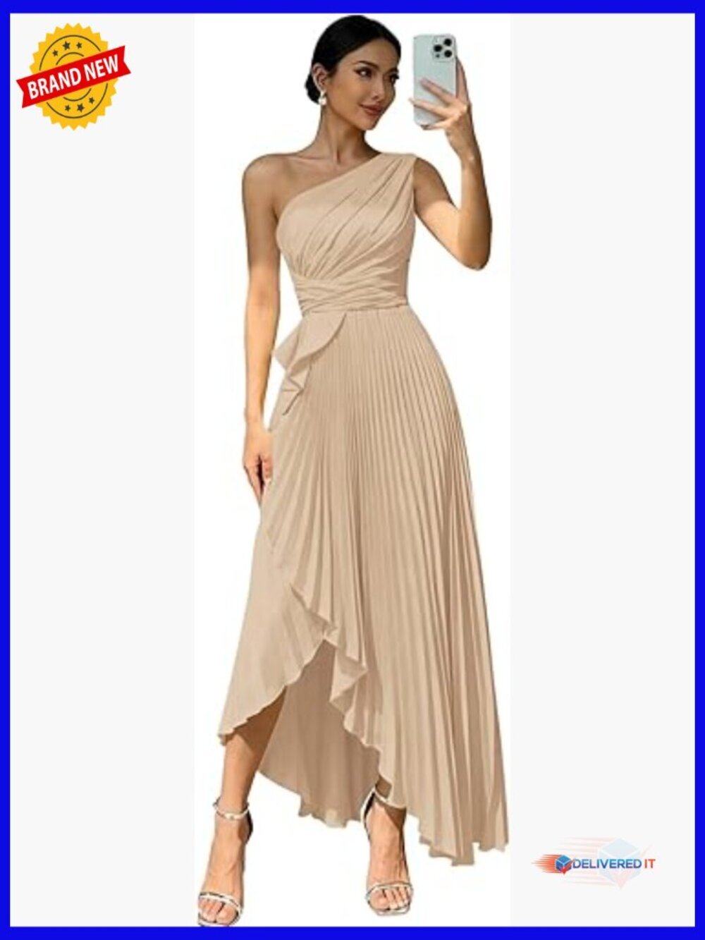 One Shoulder Pleated Satin Formal Evening Gown with Slit Floor Length Dress